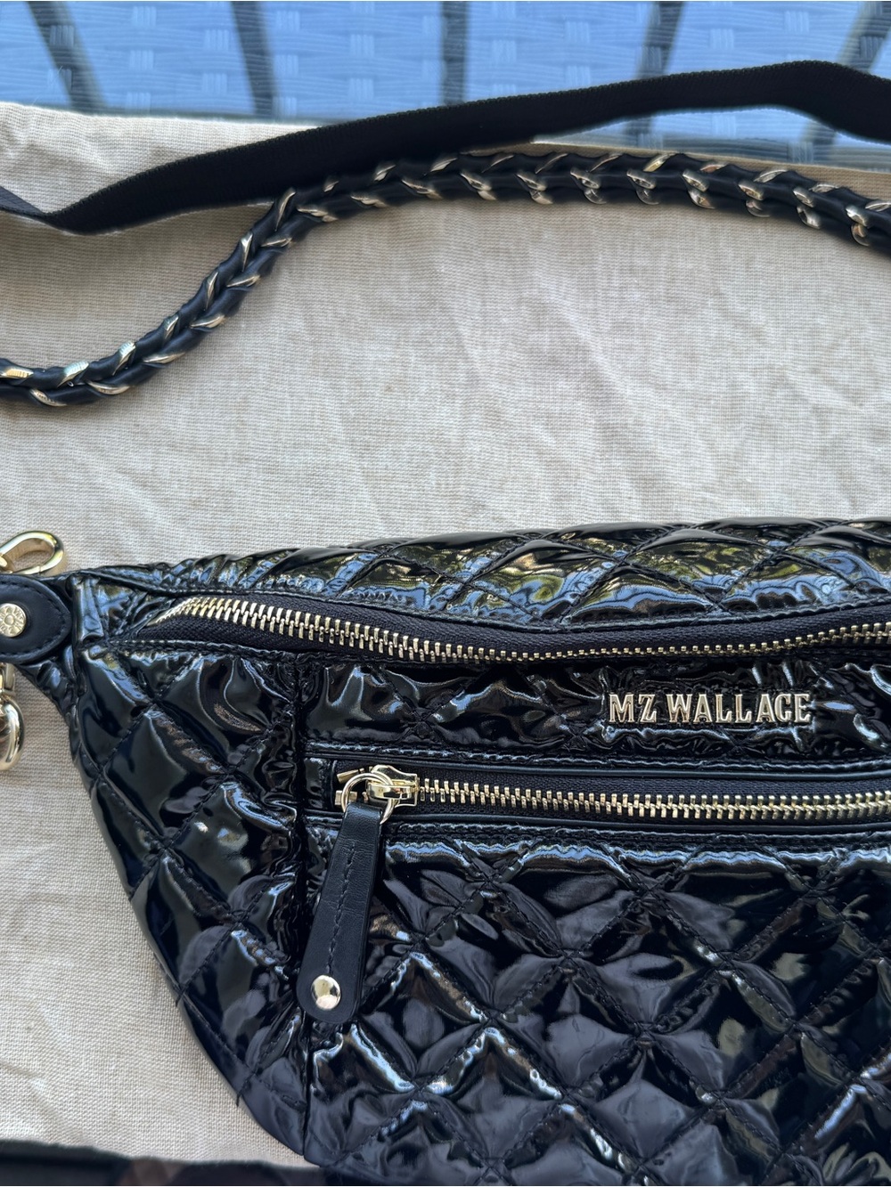 MZ Wallace Small Quilted Patent Leather Crossbody Sling Belt Bag Black Lacquer - Picture 2 of 14